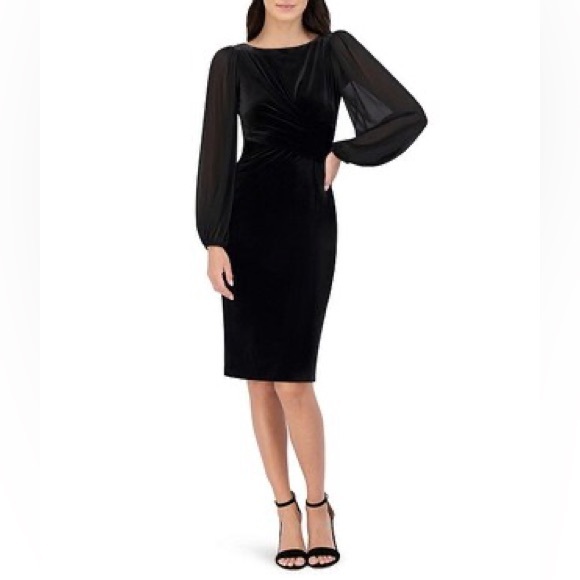 NWT. Vince Camuto Black Velvet Chiffon Long Sleeve Dress. Small. - Picture 1 of 11